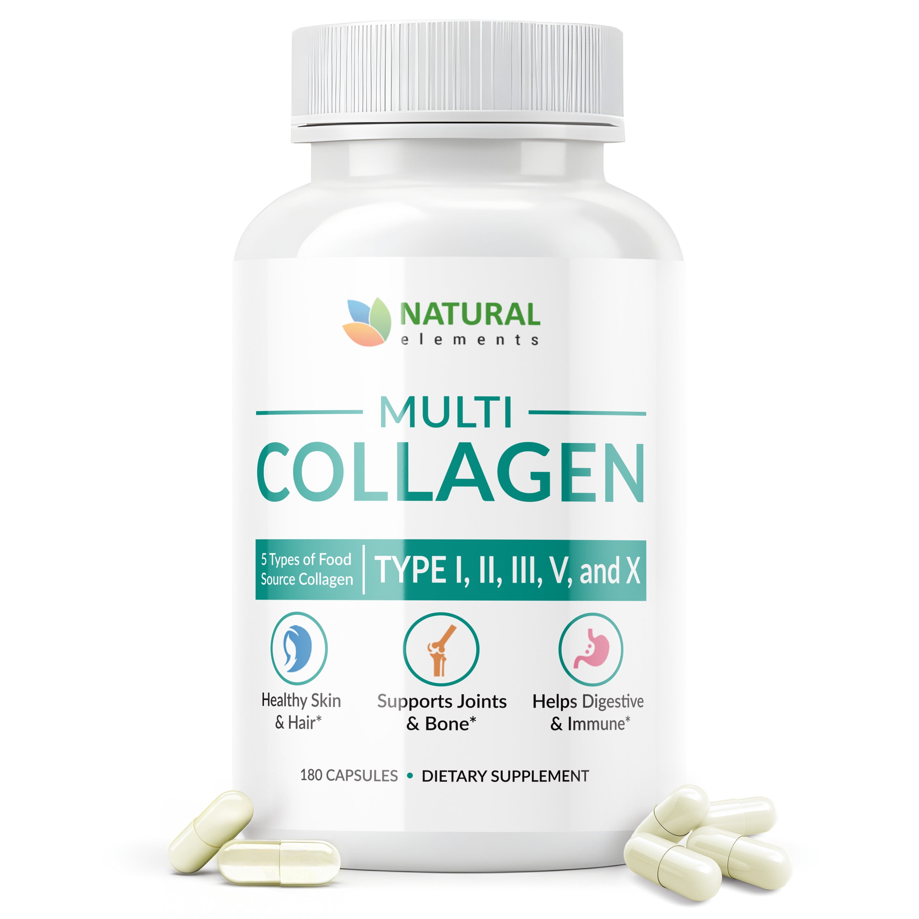 Collagen Pills - 180 Collagen Capsules with Proprietary Blend of Type I, II, III, V, X - 2025mg per serving collagen supplement