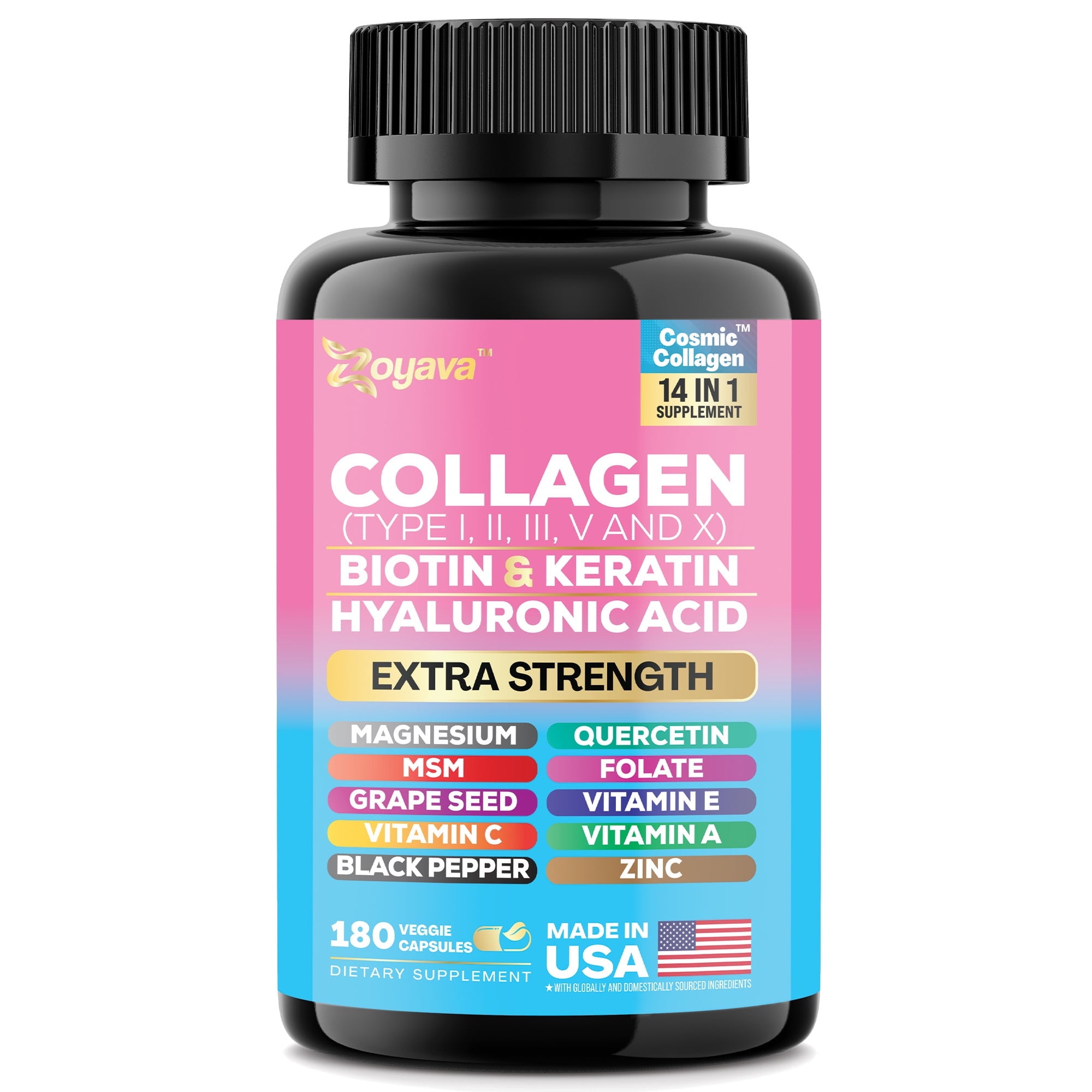 Collagen Pills Peptides Types I, II, III, V & X 64,000 MCG Biotin Keratin Hyaluronic Acid MSM Vitamin A Vitamin C Vitamin E Folic Acid Zinc Magnesium with Grape Seed Extract, Quercetin 180 Caps