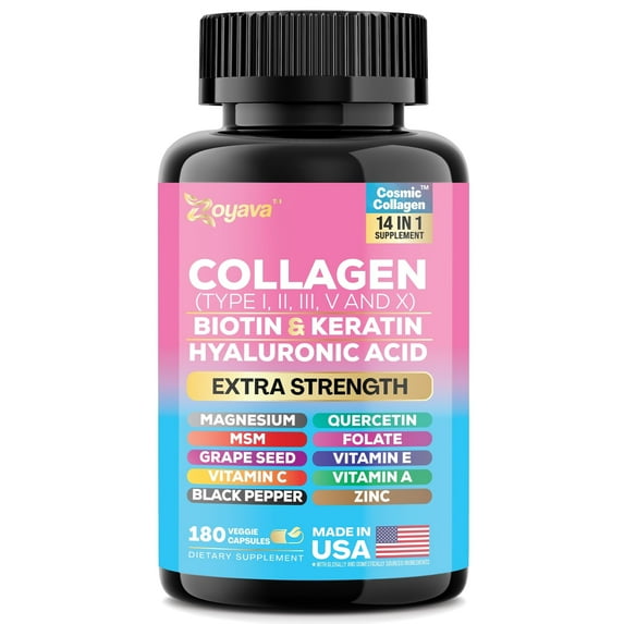 Collagen Pills Peptides Types I, II, III, V & X 64,000 MCG Biotin Keratin Hyaluronic Acid MSM Vitamin A Vitamin C Vitamin E Folic Acid Zinc Magnesium with Grape Seed Extract, Quercetin (180 Caps)