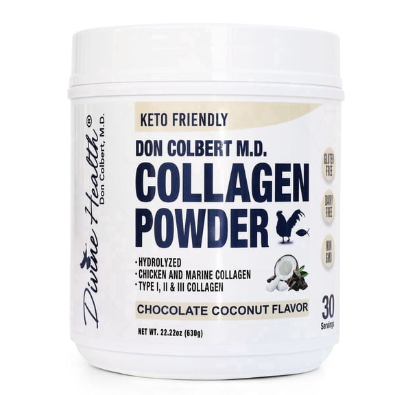 Dr. Colbert, MD Hydrolyzed Collagen Powder | Chocolate Coconut Flavor | by Divine Health | Type I, II, III Collagen | Support Healthy Hair, Skin, Nails and Joints | Keto Zone | 630g | 30 Servings