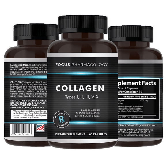 Collagen Support Amazing Grass Pills (Type I, II, III, V, X) Avian Sternum Hydrolyzed Collagen skin Peptides collagen support with Hyaluronic Acid + Vitamin C + Protein Complex (60 Capsules)