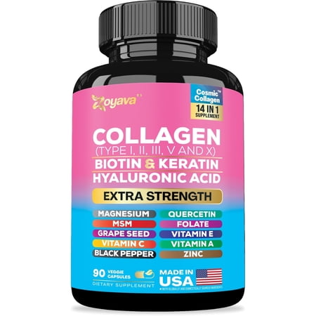 Zoyava Multi Collagen Peptides Capsules- 64,000 MCG - Hydrolyzed Collagen 10,000 MCG Biotin - Types I II III V & X For Women & Men Keratin, Hyaluronic Acid, MSM, Vitamins A C & E