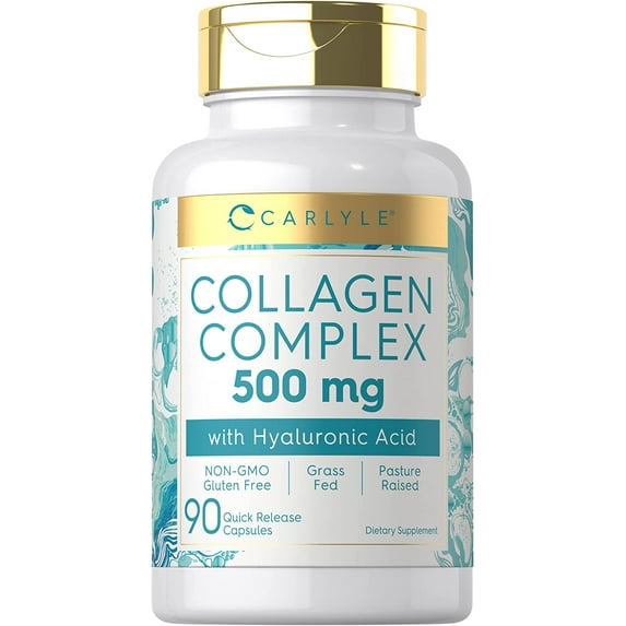 Collagen with Hyaluronic Acid 500mg | 90 Capsules | Hydrolyzed Collagen Supplement | Non-GMO, Gluten Free | By Carlyle