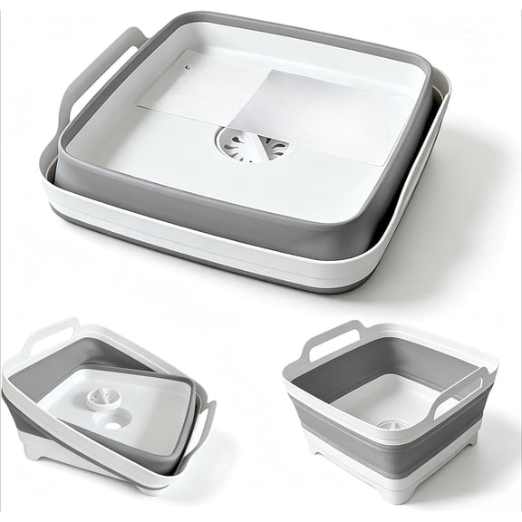 Collapsible 2.4 Gallon Wash Basin with Drain Plug – Foldable Kitchen Sink for RV Camping, Baby Bottles, and Small Apartments (Gray)