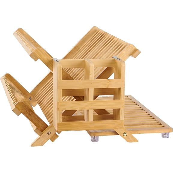 Collapsible 2-Tier Bamboo Dish Drainer with Flatware Grid and Utensil Holder, Large Folding Countertop Drying Rack