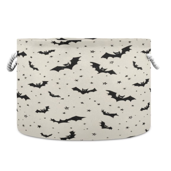 Collapsible 20" Round Storage Basket with Handles Laundry Hamper Open Storage Bins Bats and Stars