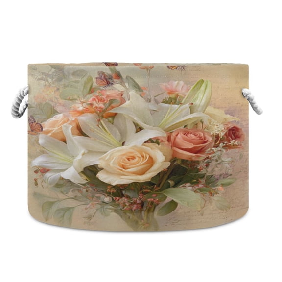 Collapsible 20" Round Storage Basket with Handles Laundry Hamper Open Storage Bins Beautiful Floral Bouquet