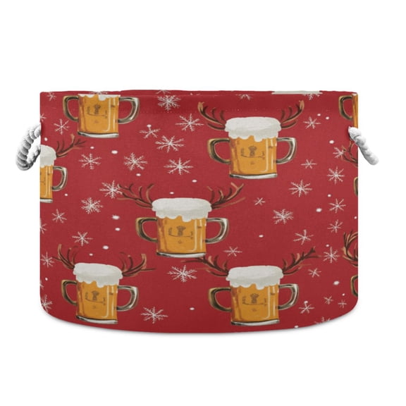 Collapsible 20" Round Storage Basket with Handles Laundry Hamper Open Storage Bins Beer Mugs and Reindeer Antlers