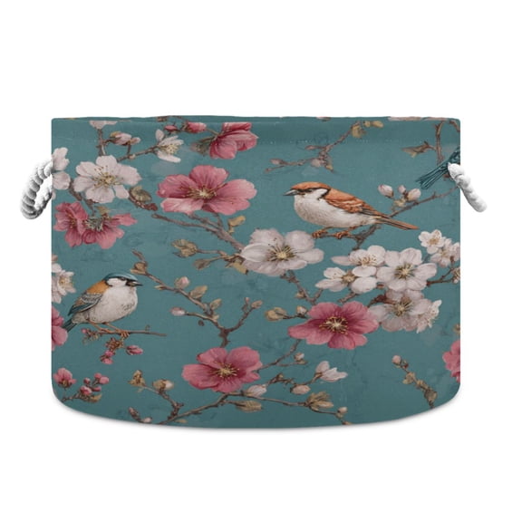 Collapsible 20" Round Storage Basket with Handles Laundry Hamper Open Storage Bins Birds and Cherry Pattern