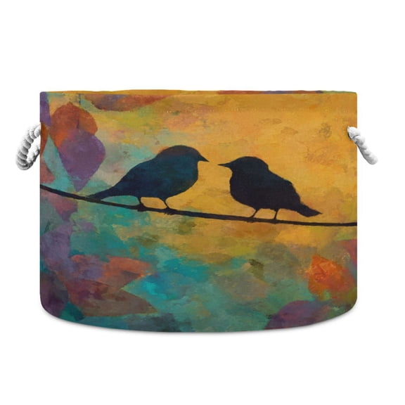 Collapsible 20" Round Storage Basket with Handles Laundry Hamper Open Storage Bins Birds on A Wire