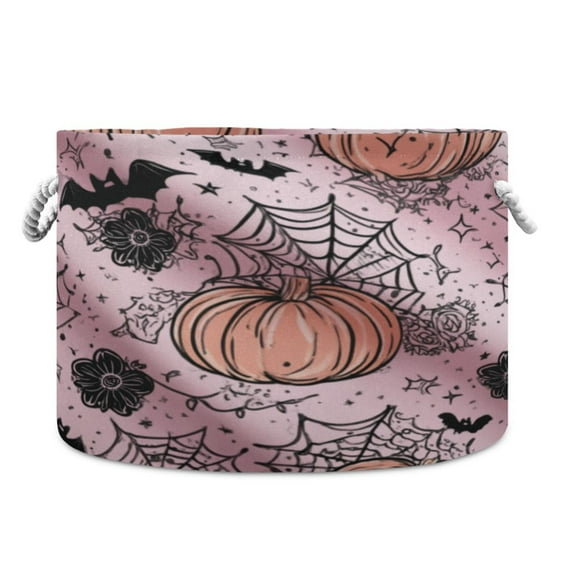 Collapsible 20" Round Storage Basket with Handles Laundry Hamper Open Storage Bins Black Flowers and Spider Web