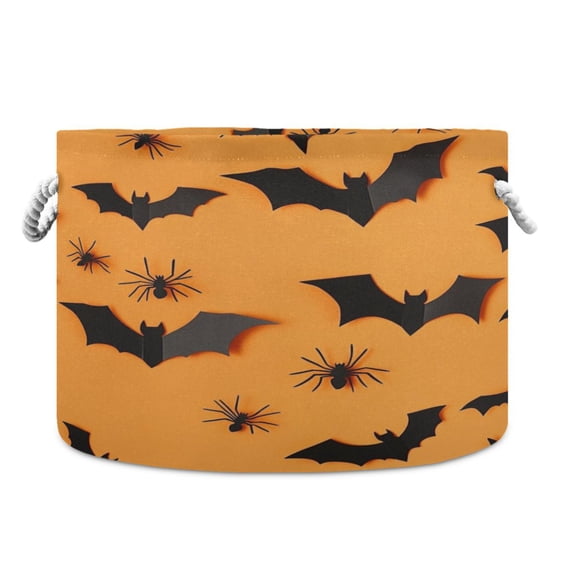Collapsible 20" Round Storage Basket with Handles Laundry Hamper Open Storage Bins Black Paper Bat Cutouts