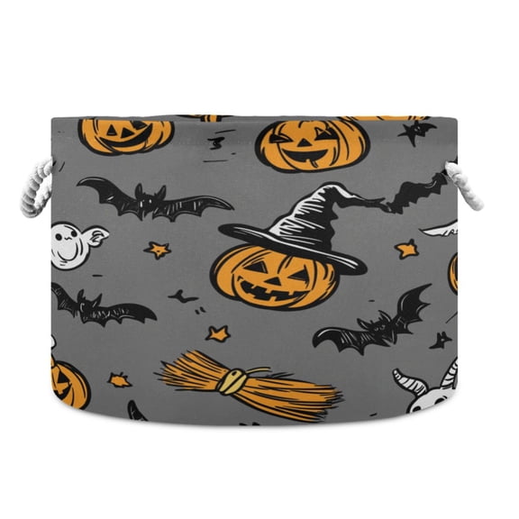 Collapsible 20" Round Storage Basket with Handles Laundry Hamper Open Storage Bins Black Pumpkins and Bats