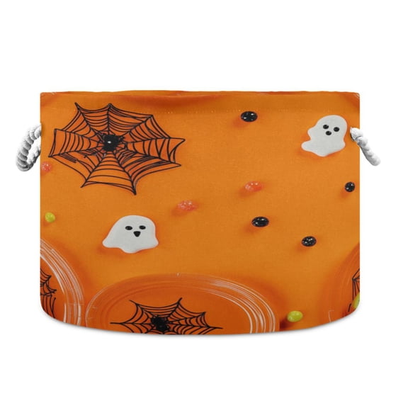 Collapsible 20" Round Storage Basket with Handles Laundry Hamper Open Storage Bins Black Spider Webs and White Ghosts