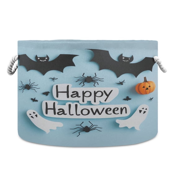 Collapsible 20" Round Storage Basket with Handles Laundry Hamper Open Storage Bins Black Spider and White Ghosts