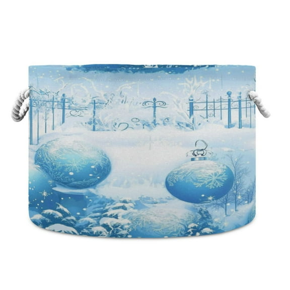 Collapsible 20" Round Storage Basket with Handles Laundry Hamper Open Storage Bins Blue Christmas Background