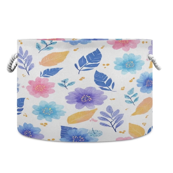 Collapsible 20" Round Storage Basket with Handles Laundry Hamper Open Storage Bins Blue and Purple Flowers