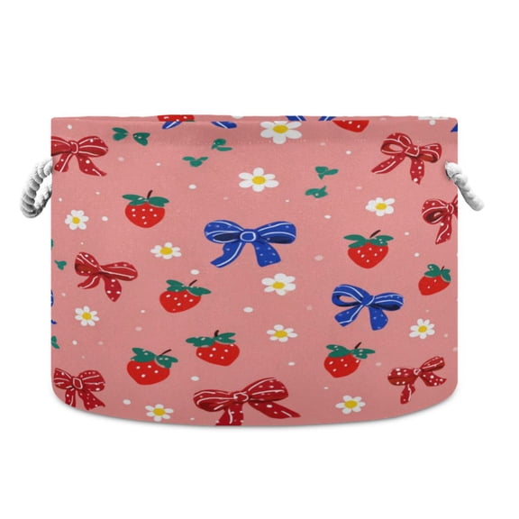 Collapsible 20" Round Storage Basket with Handles Laundry Hamper Open Storage Bins Bows and Strawberries Pattern