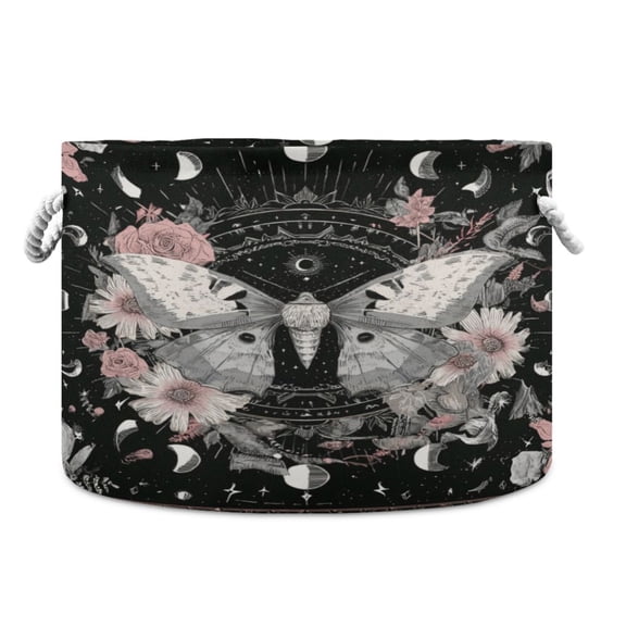 Collapsible 20" Round Storage Basket with Handles Laundry Hamper Open Storage Bins Butterfly Surrounded by Flowers