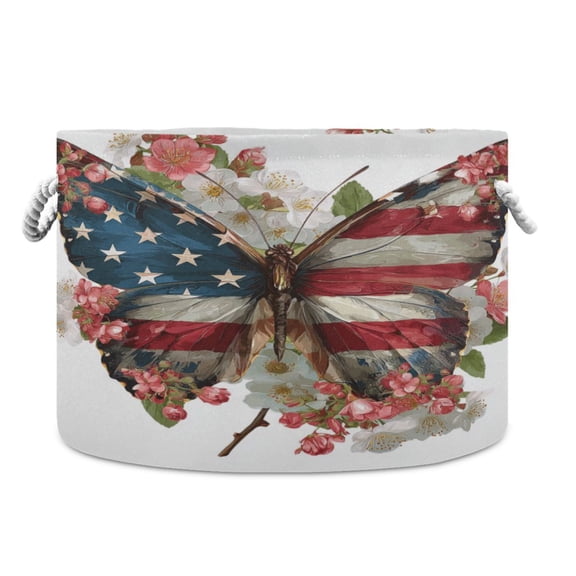 Collapsible 20" Round Storage Basket with Handles Laundry Hamper Open Storage Bins Butterfly with Flag Pattern