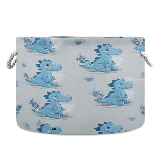 Collapsible 20" Round Storage Basket with Handles Laundry Hamper Open Storage Bins Cartoon Blue Dinosaurs