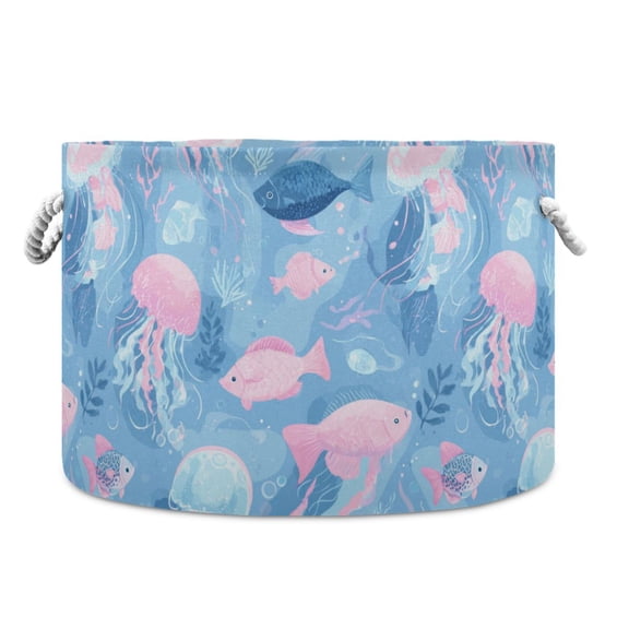 Collapsible 20" Round Storage Basket with Handles Laundry Hamper Open Storage Bins Cartoon Blue Jellyfish Pattern