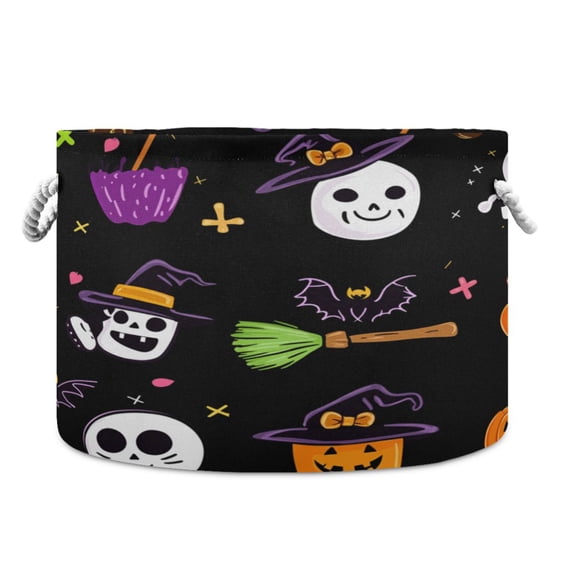 Collapsible 20" Round Storage Basket with Handles Laundry Hamper Open Storage Bins Cartoon Cute Halloween Icons