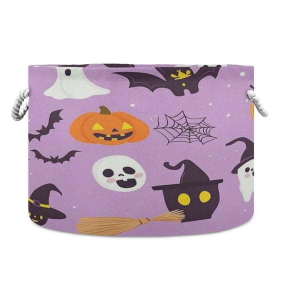 Collapsible 20" Round Storage Basket with Handles Laundry Hamper Open Storage Bins Cartoon Halloween Icon