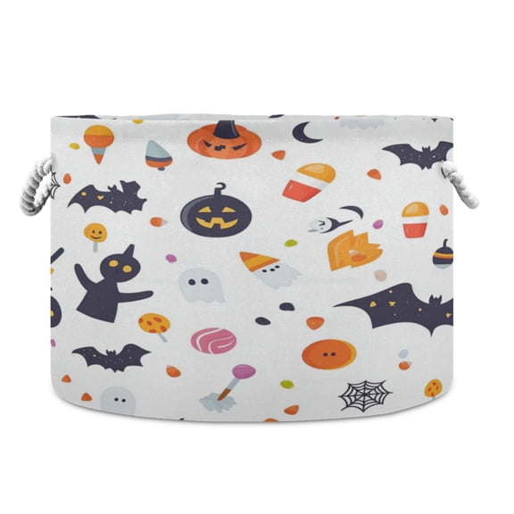 Collapsible 20" Round Storage Basket with Handles Laundry Hamper Open Storage Bins Cartoon Halloween Icons Pattern