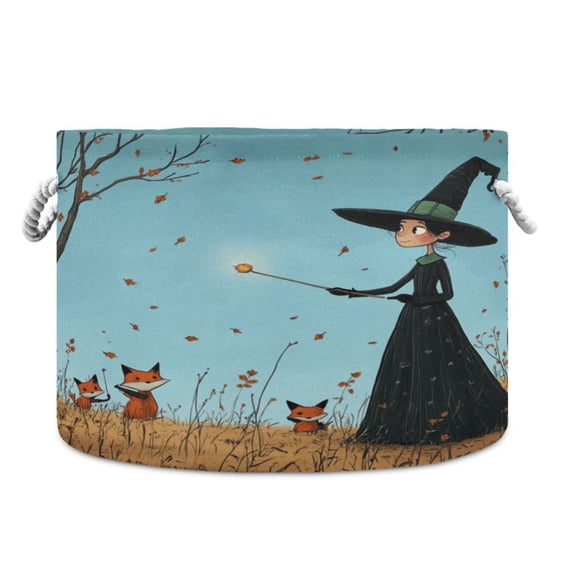 Collapsible 20" Round Storage Basket with Handles Laundry Hamper Open Storage Bins Cartoon Witch