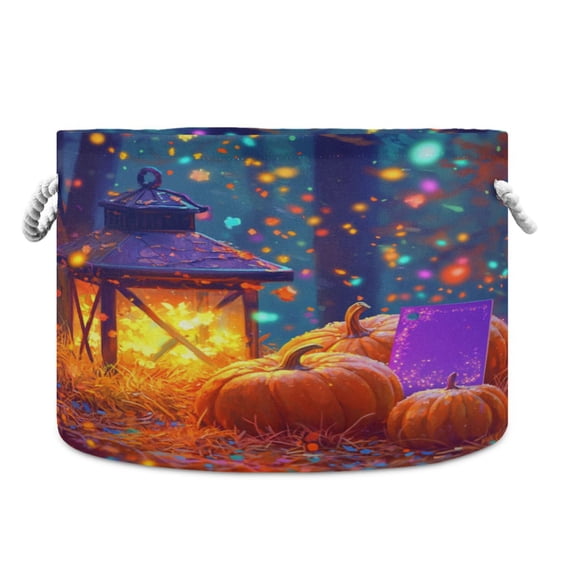 Collapsible 20" Round Storage Basket with Handles Laundry Hamper Open Storage Bins Cartoon-style Lantern with Pumpkins