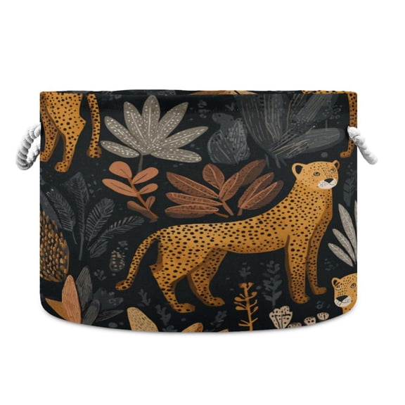 Collapsible 20" Round Storage Basket with Handles Laundry Hamper Open Storage Bins Cheetahs and Jungle Foliage Pattern