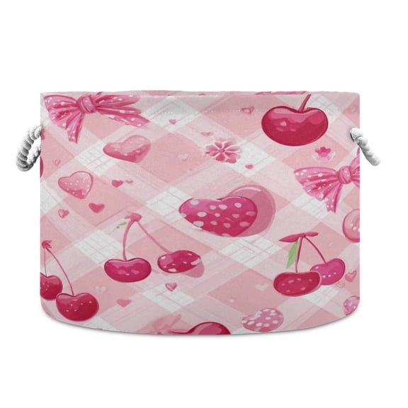 Collapsible 20" Round Storage Basket with Handles Laundry Hamper Open Storage Bins Cherry and Pink Bow Pattern