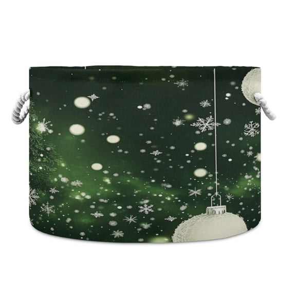 Collapsible 20" Round Storage Basket with Handles Laundry Hamper Open Storage Bins Christmas Elements Green Background