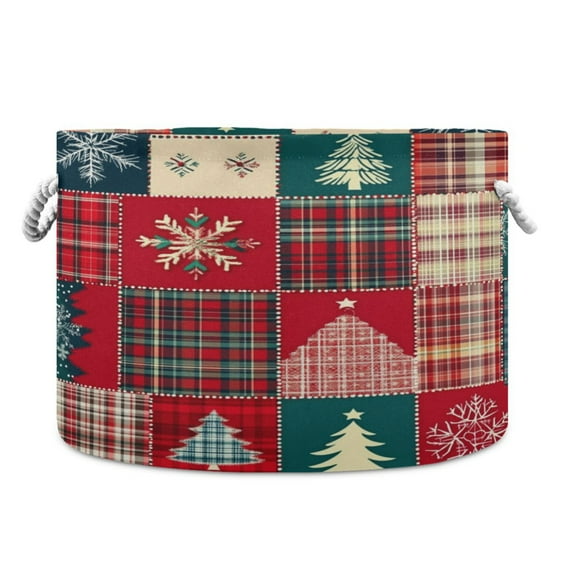 Collapsible 20" Round Storage Basket with Handles Laundry Hamper Open Storage Bins Christmas Patchwork Pattern