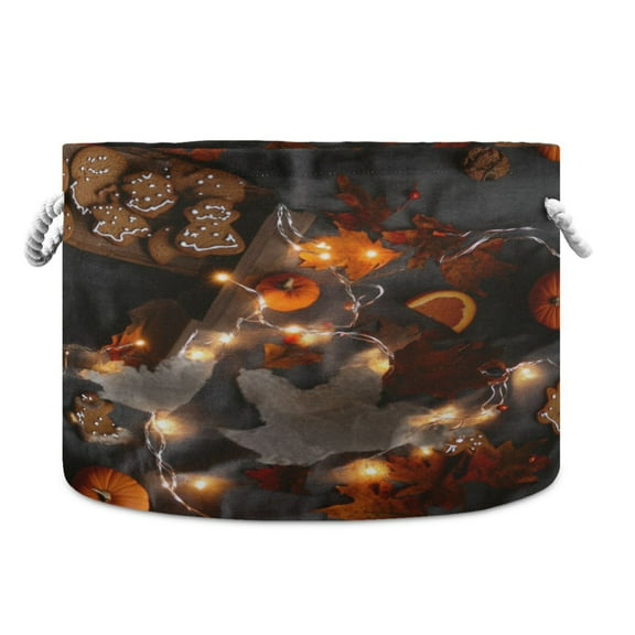 Collapsible 20" Round Storage Basket with Handles Laundry Hamper Open Storage Bins Cookies and Pumpkins