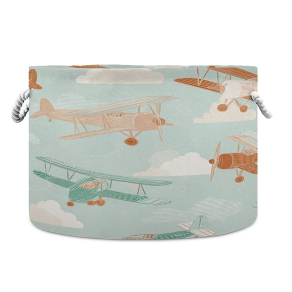 Collapsible 20" Round Storage Basket with Handles Laundry Hamper Open Storage Bins Cute Airplanes