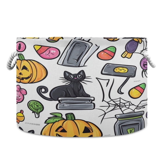 Collapsible 20" Round Storage Basket with Handles Laundry Hamper Open Storage Bins Cute Cartoon Halloween Icon