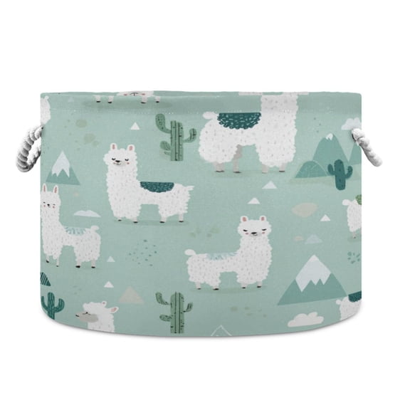 Collapsible 20" Round Storage Basket with Handles Laundry Hamper Open Storage Bins Cute Cartoon Llama Pattern