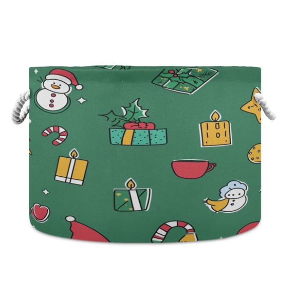 Collapsible 20" Round Storage Basket with Handles Laundry Hamper Open Storage Bins Cute Christmas Icons