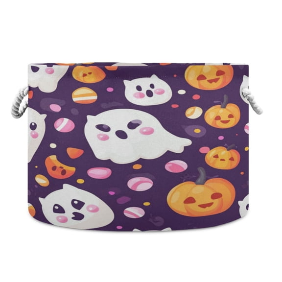 Collapsible 20" Round Storage Basket with Handles Laundry Hamper Open Storage Bins Cute Ghost Pattern
