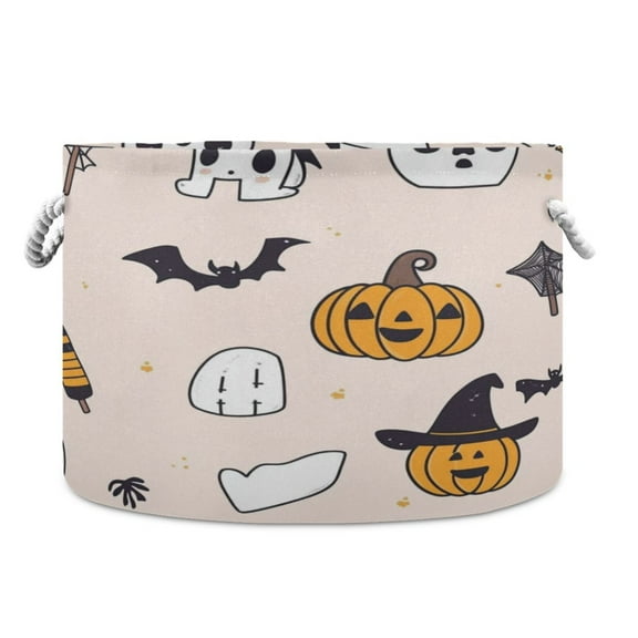 Collapsible 20" Round Storage Basket with Handles Laundry Hamper Open Storage Bins Cute Halloween Icons Pattern