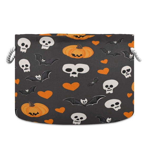 Collapsible 20" Round Storage Basket with Handles Laundry Hamper Open Storage Bins Cute Hearts and Skull
