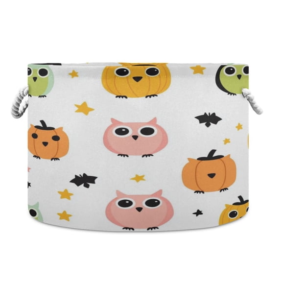 Collapsible 20" Round Storage Basket with Handles Laundry Hamper Open Storage Bins Cute Owls Pattern