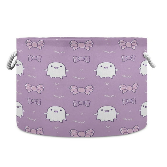 Collapsible 20" Round Storage Basket with Handles Laundry Hamper Open Storage Bins Cute Pastel Ghost and Bows