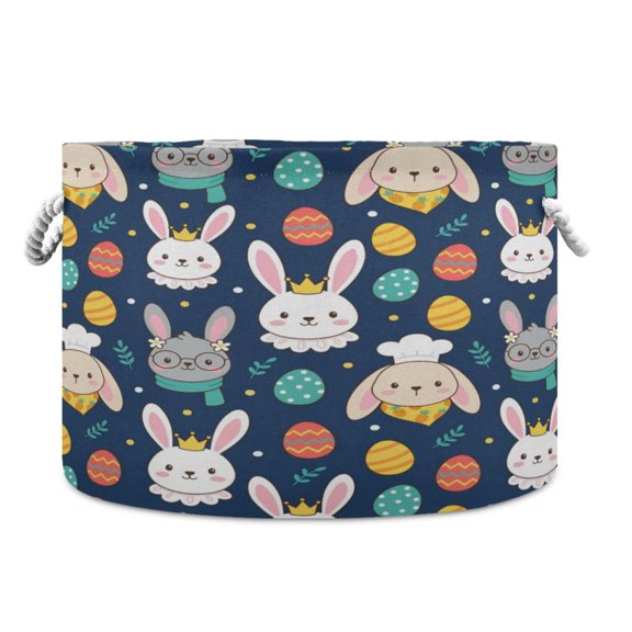 Collapsible 20" Round Storage Basket with Handles Laundry Hamper Open Storage Bins Easter Bunnies and Decorated Eggs