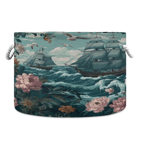 Collapsible 20" Round Storage Basket with Handles Laundry Hamper Open Storage Bins Elegant Nautical Scene