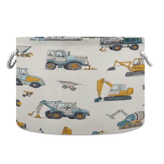 Collapsible 20" Round Storage Basket with Handles Laundry Hamper Open Storage Bins Engineering Vehicle Pattern
