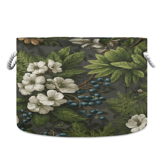 Collapsible 20" Round Storage Basket with Handles Laundry Hamper Open Storage Bins Ferns and Flowers