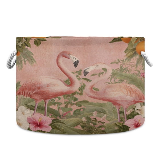Collapsible 20" Round Storage Basket with Handles Laundry Hamper Open Storage Bins Flamingos in Tropical Garden